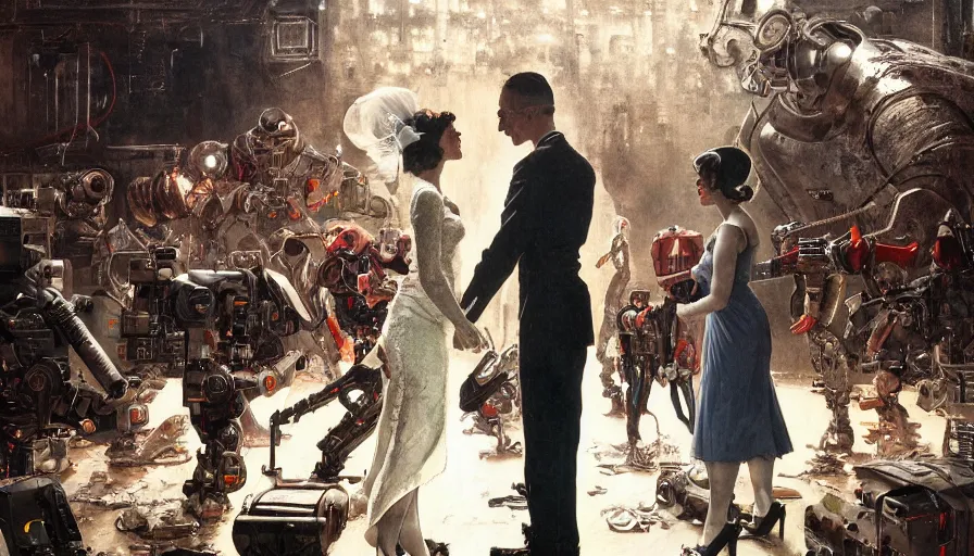 Prompt: A Norman Rockwell painting of cyborg wedding 2050s, amazing composition, cinematic lighting, high resolution, octane rendered, unreal engine, illustration, trending on artstation, masterpiece, 8k