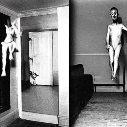 Prompt: a 1960 photo of exorcism,room ,levitating person