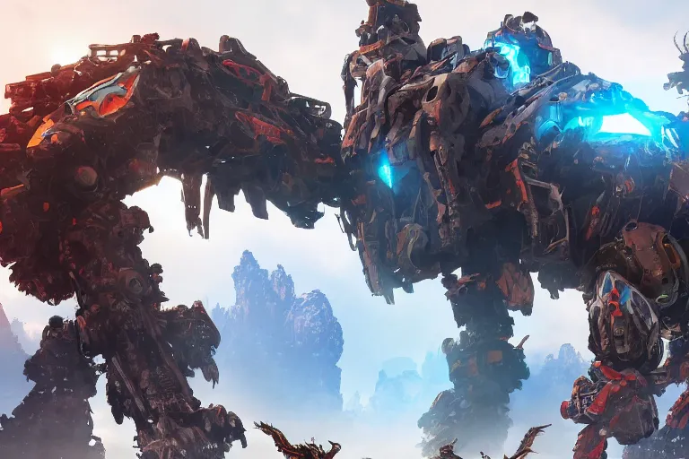 Image similar to ravager machine mecha animal beast robot of horizon forbidden west horizon zero dawn bioluminiscence global illumination ray tracing hdr fanart arstation by sung choi and eric pfeiffer and gabriel garza and casper konefal