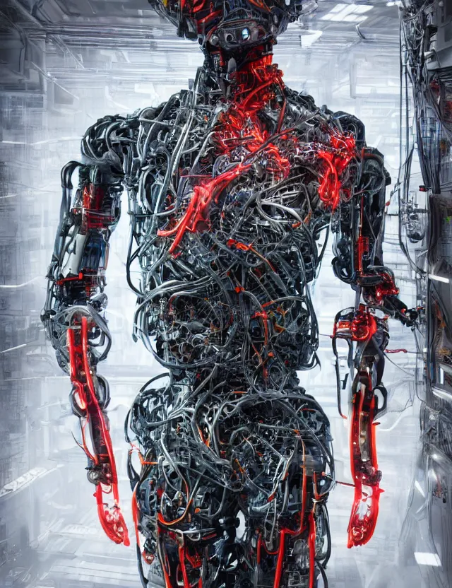 Image similar to cyborg in the data center, wired to the equipmen, red biomechanical details, wearing epic bionic cyborg implants, inflateble shapes, masterpiece, intricate, biopunk, highly detailed, artstation, concept art, cottage core, cinematic focus, polaroid photo, bleached, vintage, high - key lighting, soft lights, foggy, by tarkovsky, 8 k