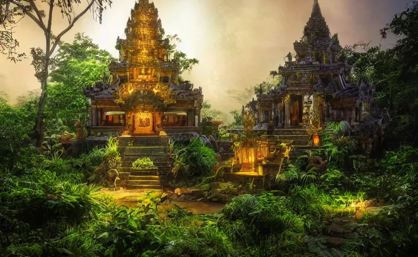 Image similar to a huge magical temple in the middle of a jungle, epic lighting