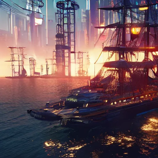 Prompt: a pirate ship pulls into the port of night city cyberpunk 2077