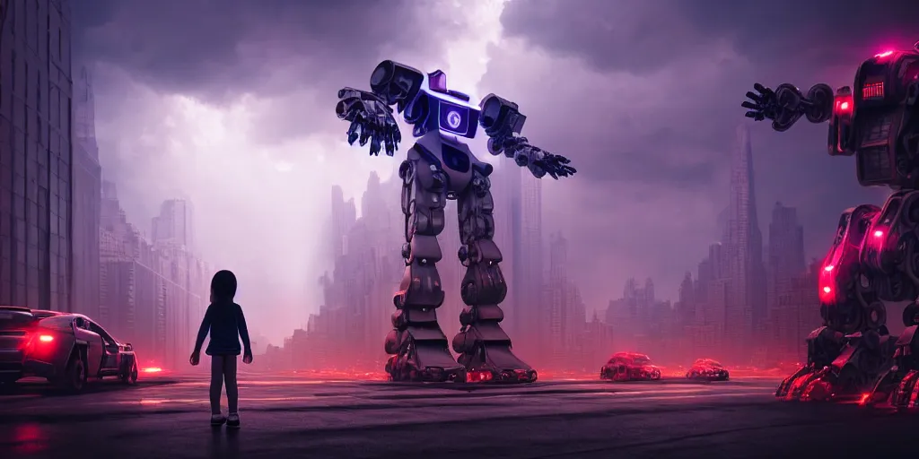 Prompt: sci - fi scene future new york, little girl holding the hand of a big robot mecha, forest punk, environmental lighting, stormy weather, ray tracing, amazing view, highly detailed, heavy traffic, neon shops, octane render, unreal engine 5, 4 k, concept art masterpiece