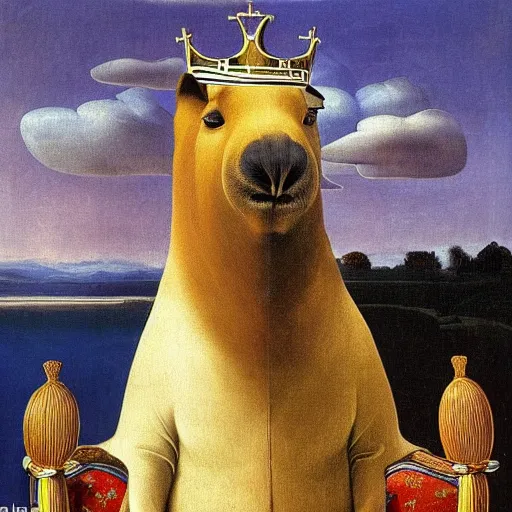 Image similar to A portrait of a capybara depicted as a medieval king on a throne, oil painting by Salvador Dali, in the style of Salvador Dali