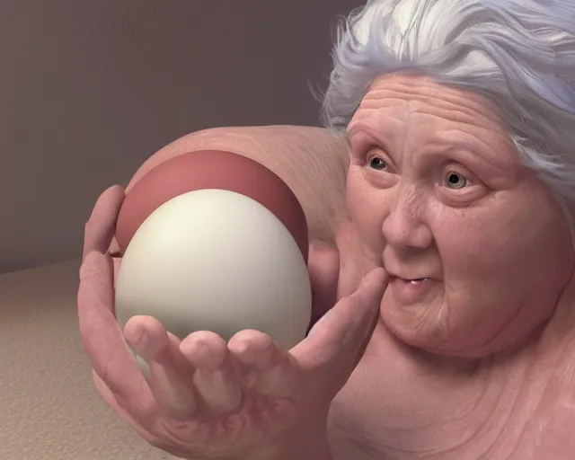 Image similar to of a very beautiful scene. ambient occlusion render. a sweet fat old woman is giving birth a beautiful colorful huge egg. hyper realistic. 4 k. wide angle. wild. symmetrical face, red mouth, blue eyes. deep focus, lovely scene. ambient occlusion render. concept art. unreal engine.