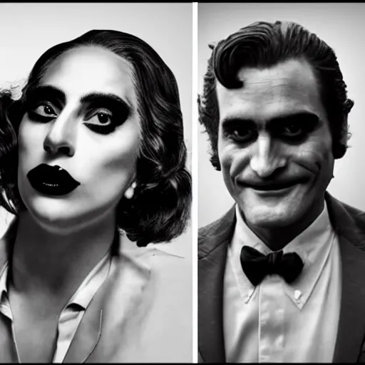 Prompt: detailed 4 k photorealistic lady gaga and joaquin phoenix footage in next joker movie in the style of nick ut and eddie adams and margaret bourke and yousuf karshs and alfred eisenstaedt