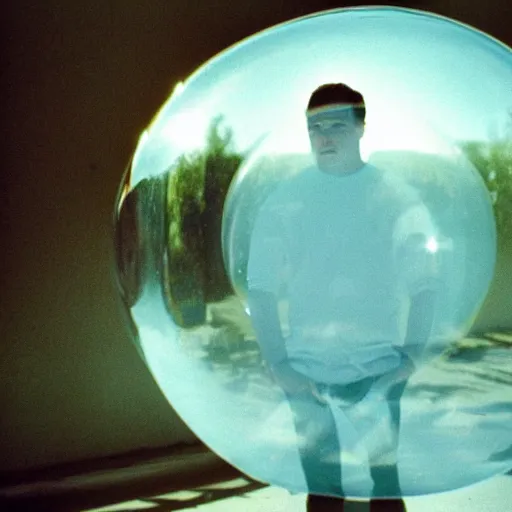 Prompt: movie still of a man inside a bubble, artsy film, beautiful composition, 3 5 mm film