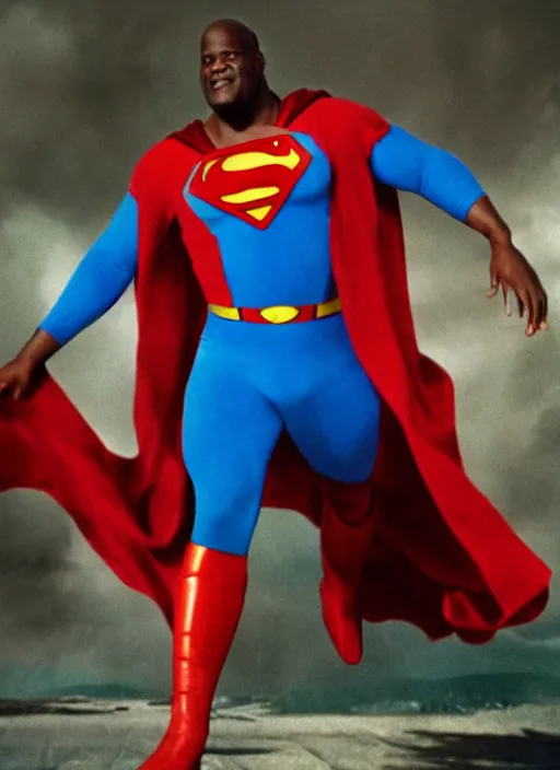 Image similar to film still of Shaquille O'Neal as Superman in Superman, 4k