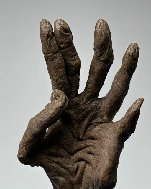 Image similar to photo of maquette sculpture of a creepy hand with a face creature, designed by jordu schell