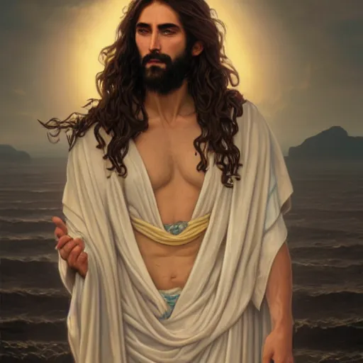 Prompt: a ridiculously good looking jesus that looks like a jewish gigachad, long curly hair, elegant ancient greek dress, very detailed, coast as the background, beautiful, intricate, cinematic, artstation, william bouguereau, alphonse mucha, greg rutkowski, rossdraws, octane render