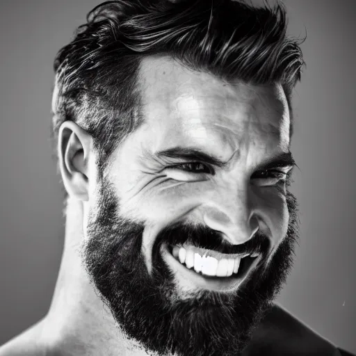 Image similar to Black and white photography of a very muscular man smiling with a chiseled jawline and trimmed beard