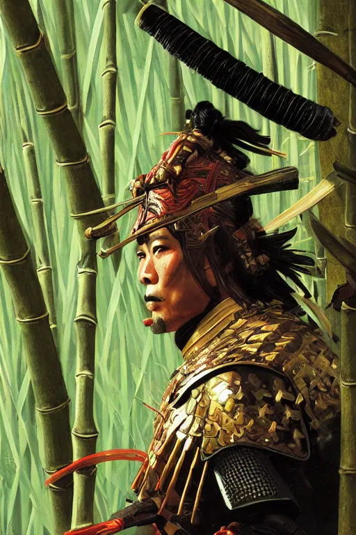 Image similar to close up of samurai warrior in full armor, in a bamboo forest, by huang guangjian and gil elvgren, sachin teng, greg manchess