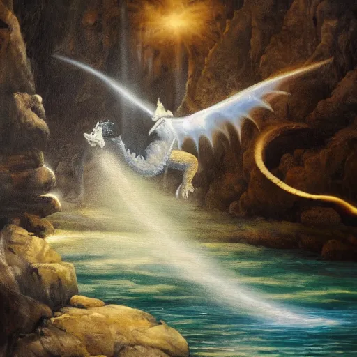 Image similar to oil painting of a dragon flying in the air near a cave with a waterfall in the center, light emanating from the waterfall leading to a big pool of water, dragon has black and white siberian tiger stripes, elegant, sharp focus, wide shot, clear, detailed, early renaissance