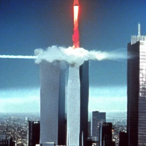 Prompt: nuclear missile destroy the world trace center towers, in american psycho ( 1 9 9 9 )