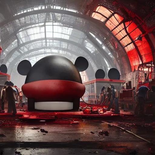 Image similar to a giant mickey mouse head, factory floor, surrounded by factory workers, octane render, cgstation, 3 d render, very detailed, mindblowing, blood and guts, gritty, cyberpunk, cinematic lighting, hyper realism