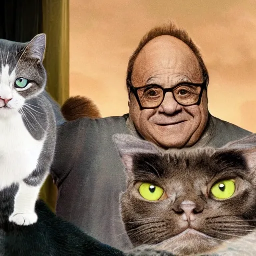 Prompt: movie still of danny devito as a cat in cats 2 0 1 9