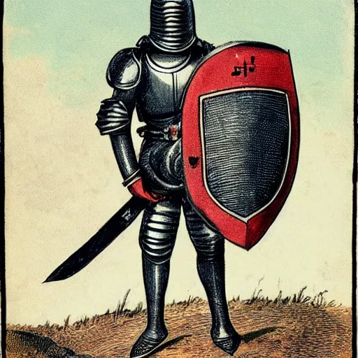 Prompt: A knight with a sword and shield wearing German medieval space armor disembarks from a spaceship