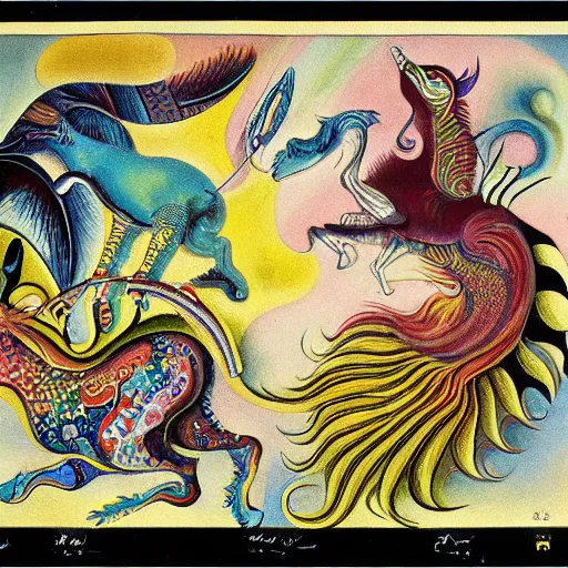 Image similar to strange mythical beasts of whimsy, surreal oil painting by Ronny Khalil and Kandinsky, drawn by Ernst Haeckel, as an offering to Zeus