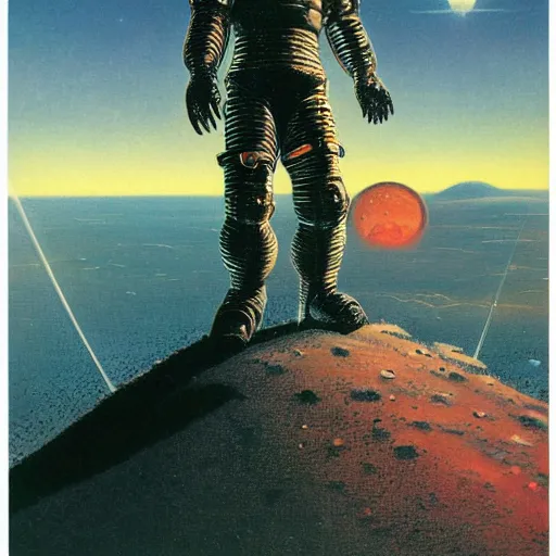Image similar to crusader knight standing on the moon, vintage sci - fi art, by bruce pennington