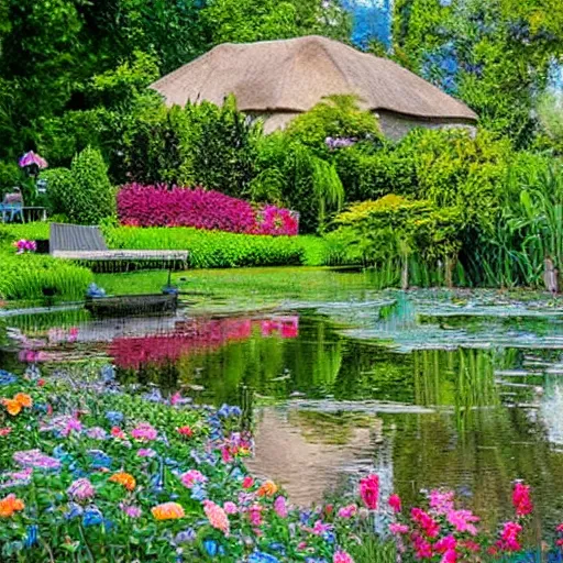 Image similar to A beautiful cottage with a lush front yard, with a flower patch and a flowing river in the style of Monet