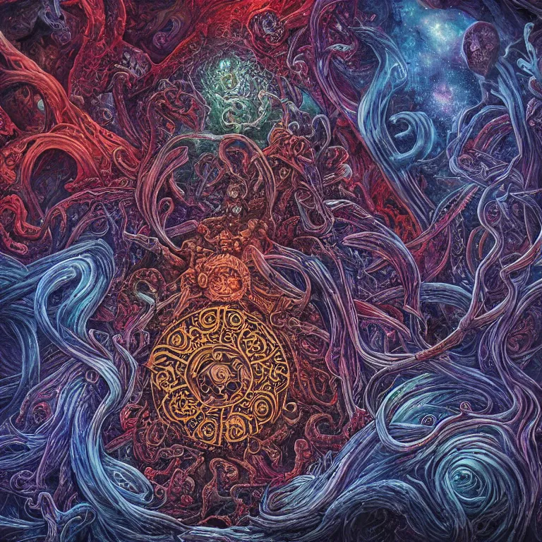 Prompt: a intricate mandala of skulls and flesh and bone with deep and intricate rune carvings and weaving lovecraftian tentacles emerging from a space nebula by dan mumford, twirling smoke trails, a twisting vortex of dying galaxies, collapsing stars, digital art, photorealistic, vivid colors, highly detailed, intricate