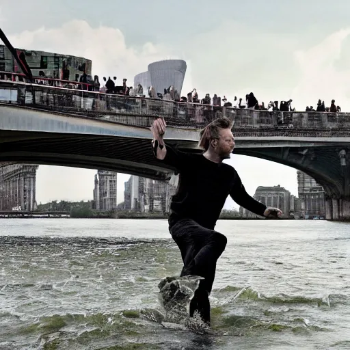 Image similar to thom yorke throwing his computer into the river thames, movie still, highly detailed