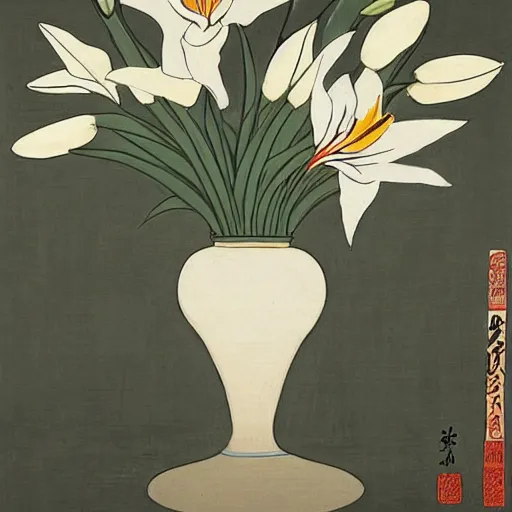 Prompt: A painting of a vase of lilies by painter Feng Zikai