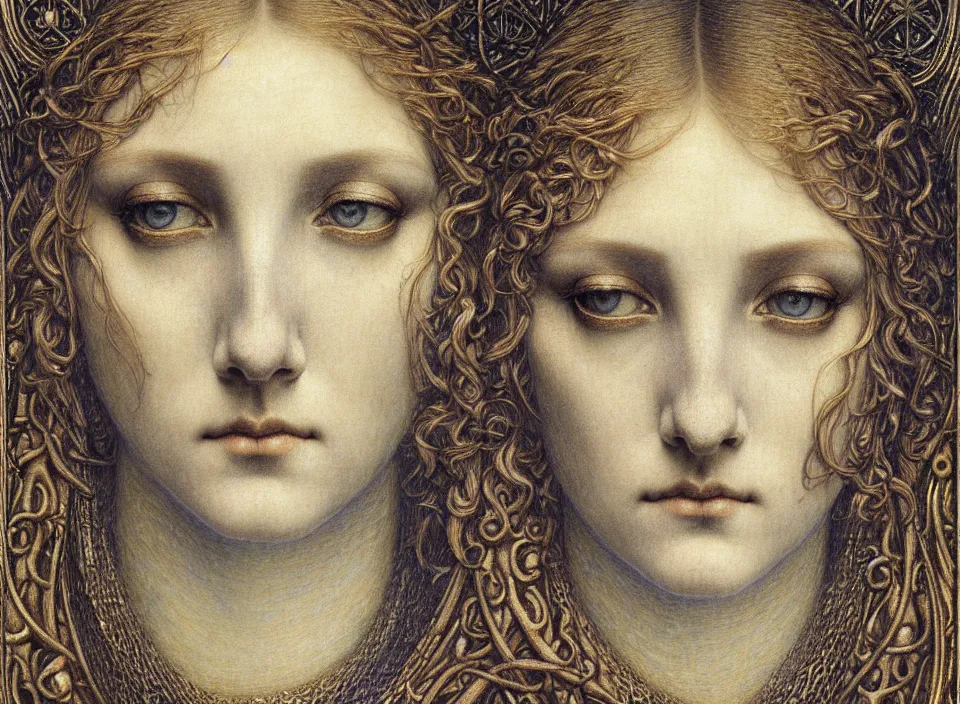 Image similar to detailed realistic beautiful young medieval queen face portrait by jean delville, gustave dore and marco mazzoni, art nouveau, symbolist, visionary, gothic, pre - raphaelite. horizontal symmetry