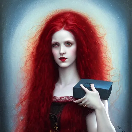 Prompt: a woman with red hair holding a box, a detailed painting by tom bagshaw, deviantart, gothic art, pre - raphaelite, wiccan, ambrotype