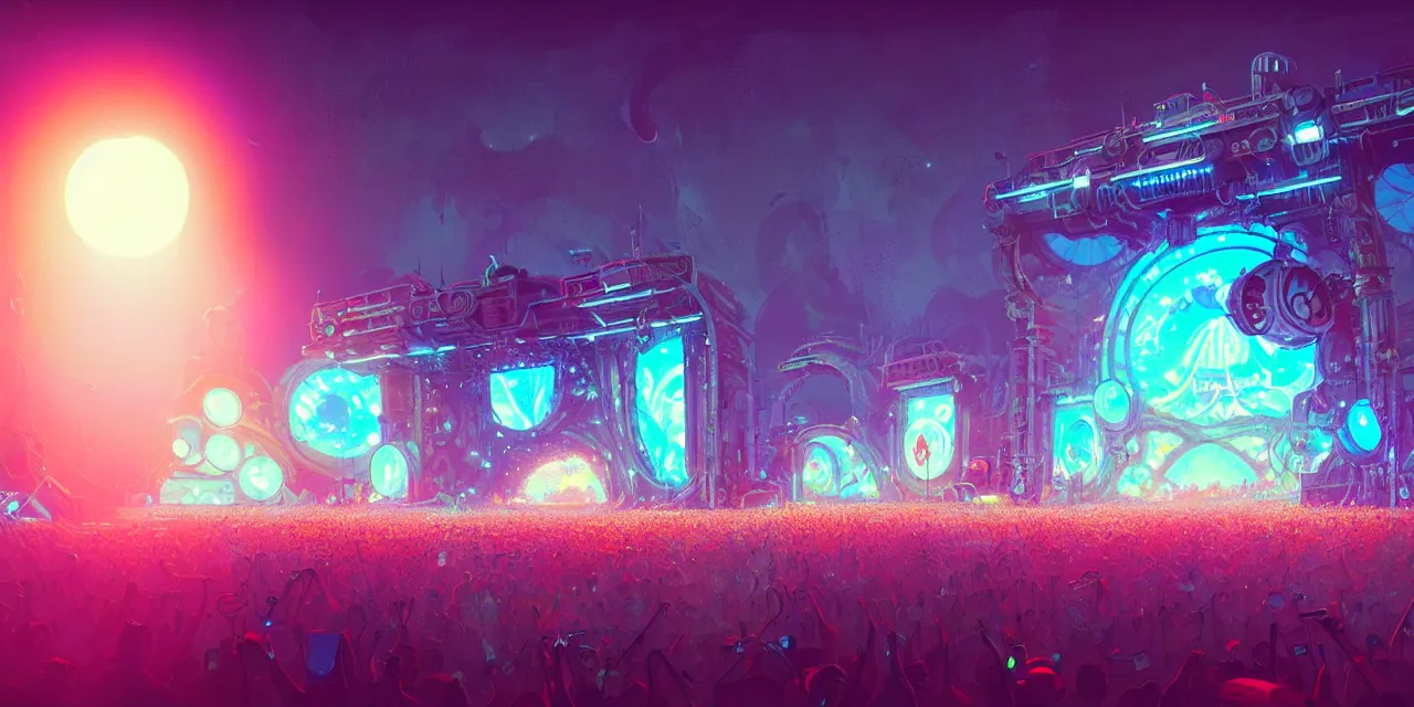 Image similar to tomorrowland, hyper - realistic detailed music festival stage, by atey ghailan, by greg rutkowski, by greg tocchini, by james gilleard, by joe fenton, by kaethe butcher, dynamic lighting, neon cinematic lighting color scheme, white lighting, grunge aesthetic