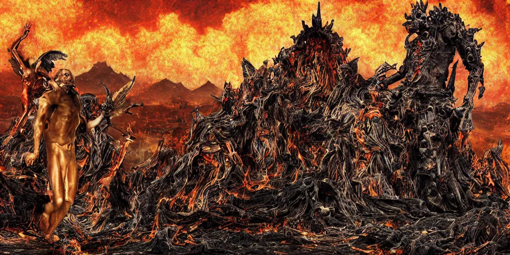 Prompt: digital art, hell, dark and burning full of huge pyres with the bodies of sinners, above hell is our world full of people slaves to machines, robots and technology, and above this world is heaven, empty, with angels looking at the other two worlds crying sadly while god is asleep on a golden throne, ultra detailed and realistic, scary