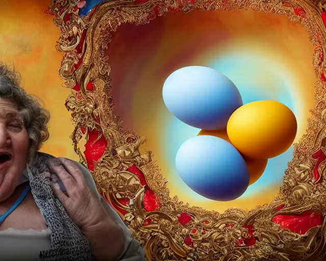 Image similar to םכ a very beautiful scene. processing block environment. a sweet fat old woman is in love with a huge, colorful and beautiful egg. hyper realistic. 4 k. wide angle. in the baroque style. wild. symmetrical face, red mouth, blue eyes. deep focus, lovely scene. processing block environment. concept art. unreal engine.