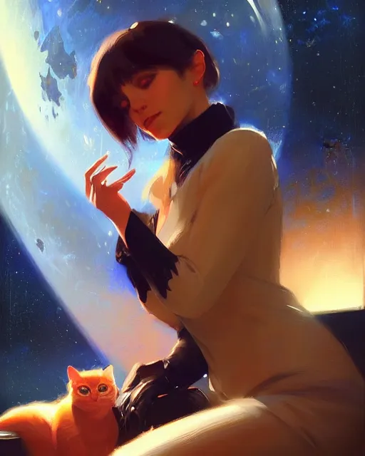 Image similar to a potrait of a space fanstasy cat, fine details. night setting. realistic shaded lighting poster by ilya kuvshinov katsuhiro, artgerm, jeremy lipkin and michael garmash, unreal engine, radiant light, detailed and intricate environment, digital art, trending on art station