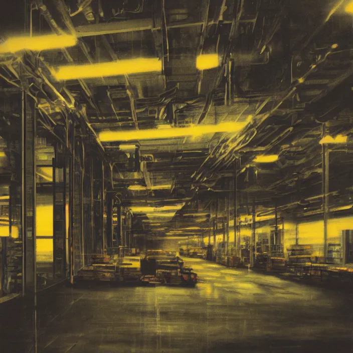 Image similar to liminal polaroid of a gunpla warehouse at night, art by dariusz zawadski, deep depth of field. highly detailed, hyper realism, hd, 4 k