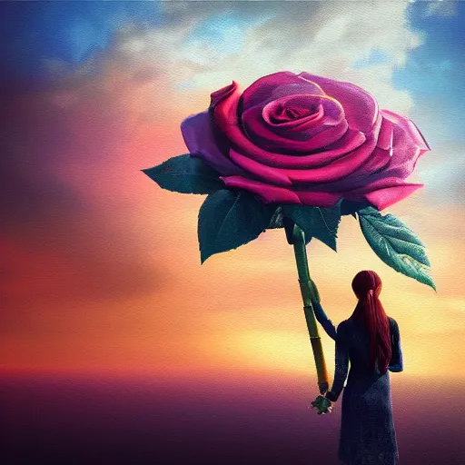 Prompt: closeup, big rose flower over head, frontal, girl in a suit, surreal photography, sunrise, dramatic light, impressionist painting, digital painting, artstation, simon stalenhag