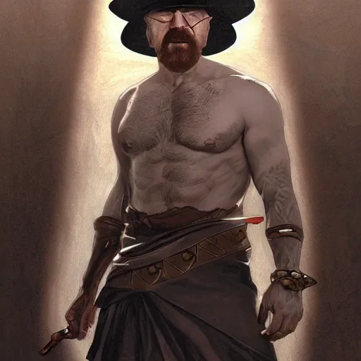 Image similar to Heisenberg as Kratos, highly detailed, digital painting, artstation, concept art, smooth, sharp focus, illustration, ArtStation, art by artgerm and greg rutkowski and alphonse mucha and J. C. Leyendecker and Edmund Blair Leighton and Katsuhiro Otomo and Geof Darrow and Phil hale and Ashley wood and Ilya repin and Charlie Bowater