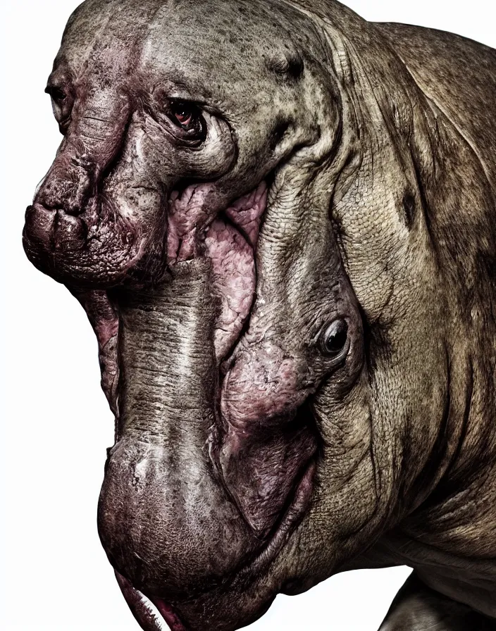 Prompt: closeup portrait of muscular animal human merged head dolphin, merged with monkey head, hippo face morphed, horse head animal merge, morphing dog head, merging crocodile head, anthropomorphic, creature, solid background