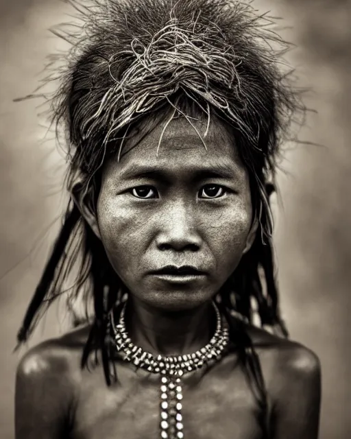 Prompt: Award winning Portrait photo of a Native Myanmarese with hyper-detailed hair and beautiful eyes wearing traditional garb by Lee Jeffries, 85mm ND 5, perfect lighting, gelatin silver process