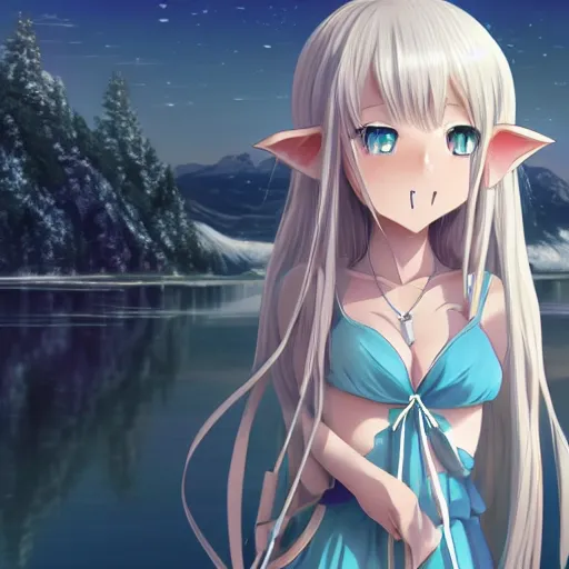 Image similar to a very beautiful anime elf girl, full body, long straight silver hair, happy, sky blue eyes, full round face, short smile, casual clothes, ice snowy lake setting, cinematic lightning, medium shot, mid-shot, highly detailed, trending on Artstation, Unreal Engine 4k, cinematic wallpaper by Stanley Artgerm Lau, WLOP, Rossdraws, James Jean, Andrei Riabovitchev, Marc Simonetti, and Sakimichan