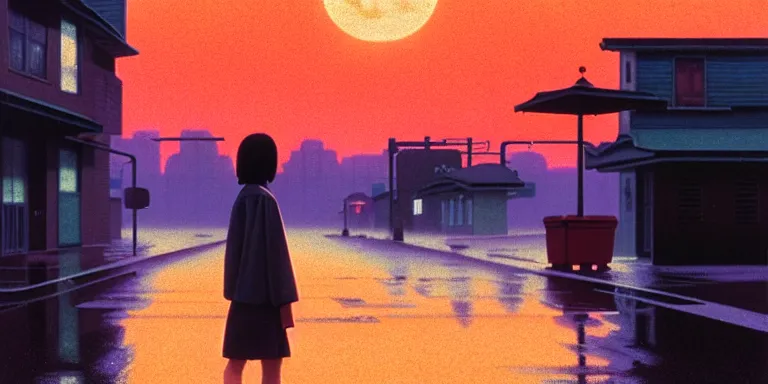 Image similar to an immaculate isometric cinematic keyframe matte painting of the silhouette of a young japanese girl standing in wide wet street 1 9 7 0 s vaporwave rust belt city at dusk with an oversized moon, just after the rain has cleared. by eric lafforgue, glennray tutor and edward hopper, greg rutkowski. trending on artstation.