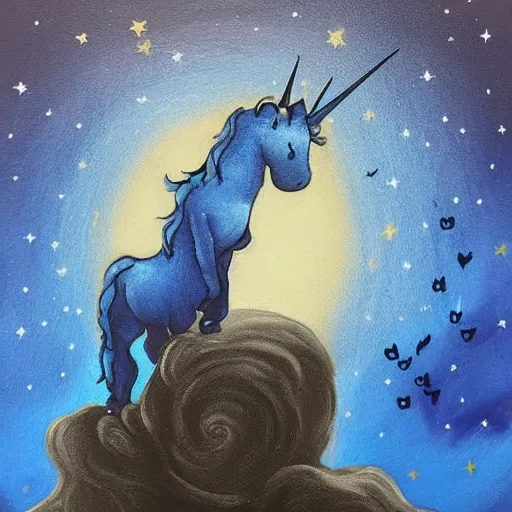 Prompt: A lonely dark-blue unicorn with wings sits on the moon's surface 🎨🖌️