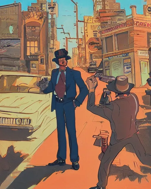 Prompt: detective pointing gun at camera, city street, artwork by ralph bakshi