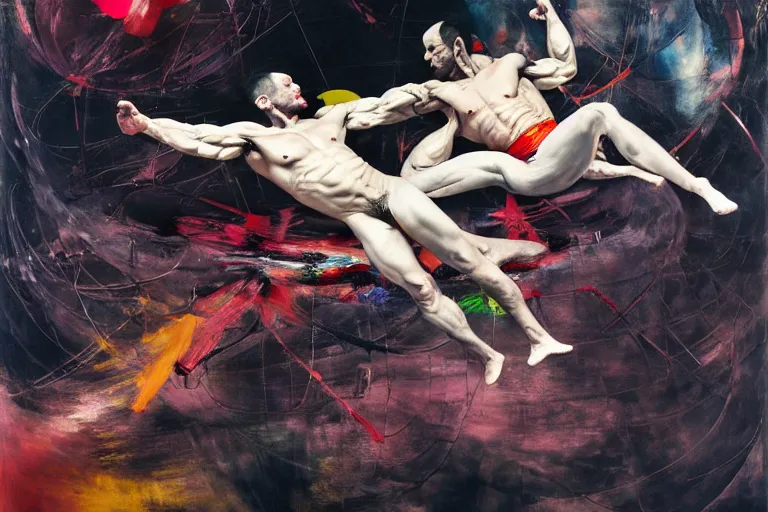 Prompt: two muscular men entwined, floating in space, zero gravity, inside a brutalist space ship, gothic, rich deep colours, painted by francis bacon, adrian ghenie, james jean and petra cortright, part by gerhard richter, part by takato yamamoto. 8 k masterpiece