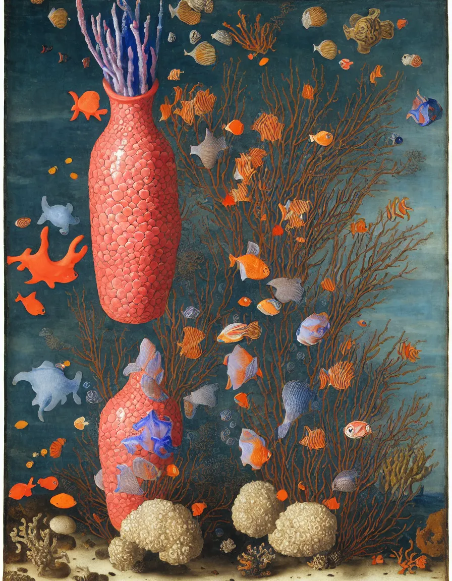 Image similar to bottle vase of coral under the sea decorated with a dense field of stylized scrolls that have opaque outlines enclosing mottled blue washes, with purple shells and blue fishes, ambrosius bosschaert the elder, oil on canvas, around the edges there are no objects