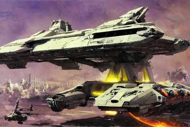 Prompt: a futuristic troop transport with a huge laser cannon on top, painting by john berkey