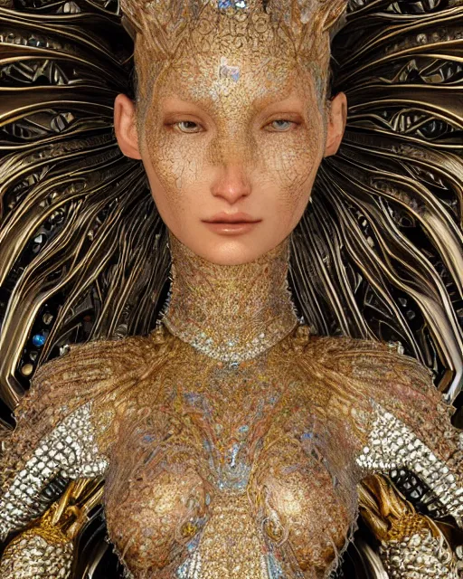 Image similar to a highly detailed metahuman 4 k close up render of an alien goddess bella hadid monument in iris van herpen dress armor schiaparelli in diamonds crystals swarovski and jewelry iridescent in style of alphonse mucha gustav klimt trending on artstation made in unreal engine 4