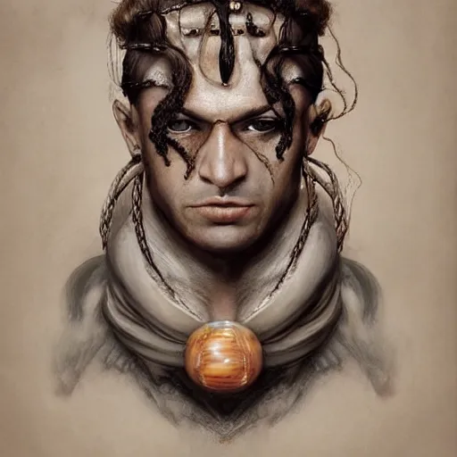 Image similar to portrait of a Shibari rope wrapped face and neck, headshot, insanely nice professional hair style, dramatic hair color, digital painting, of a old 15th century, roman gladiator, amber jewels, baroque, ornate clothing, scifi, realistic, hyperdetailed, chiaroscuro, concept art, art by Franz Hals and Jon Foster and Ayami Kojima and Amano and Karol Bak,