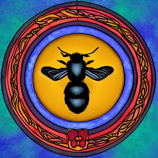 Image similar to a Wiccan ritual spell with a bumblebee placed in the middle of a bloody bullseye, fantasy illustration