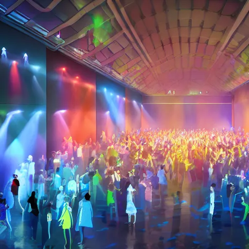 Image similar to cartoon, people communicating with each other in groups of ten, a large hall, dim painterly lighting volumetric aquatics, party