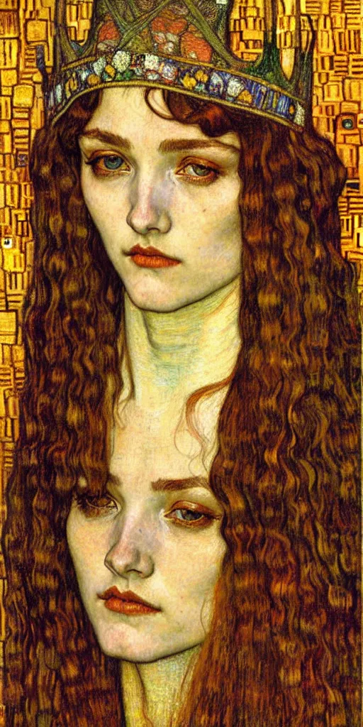 Image similar to detailed realistic beautiful young medieval queen face portrait by jean delville, gustav klimt and vincent van gogh, art nouveau, symbolist, visionary, gothic, pre - raphaelite, muted earthy colors, desaturated